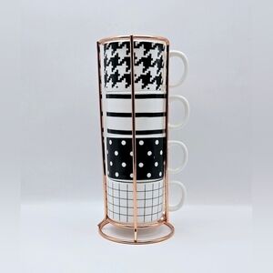 Harvey West Black & White Pattern Mug Set of 4 w/ Rose Gold Holder